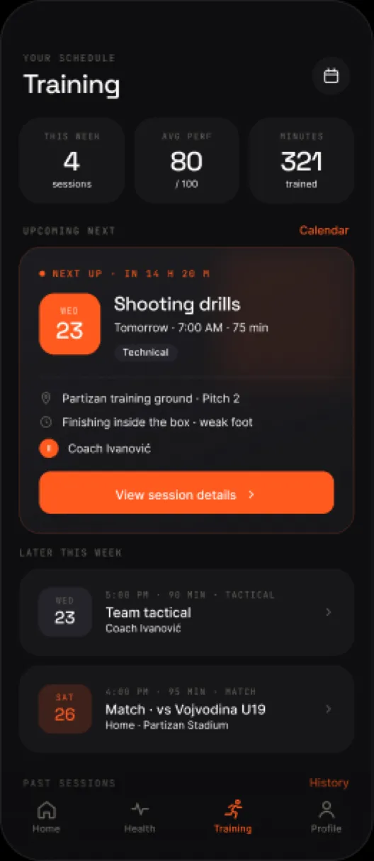 Hyvia player app — Training Plan screen