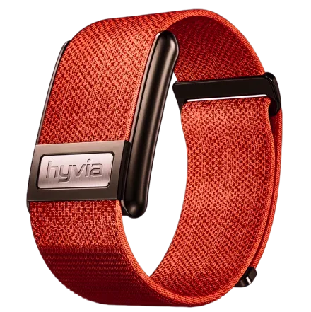 The Hyvia band — an orange strap with a sensor module